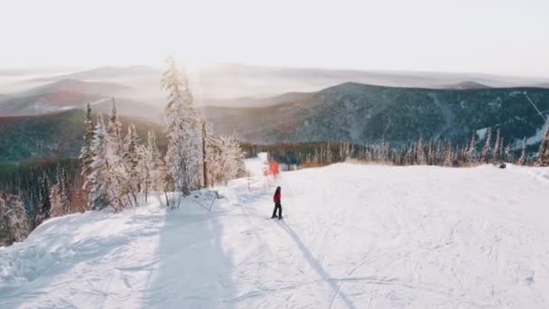 Лыжник Красной Куртке Снежном Лыжном Склоне Среди Леса Закате — стоковое видео