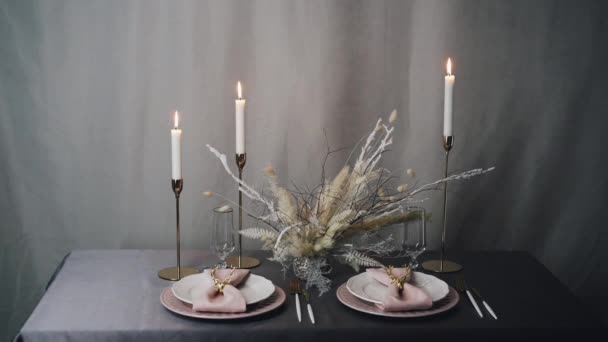 New Year Setting Table Burning Candles — Stock Video