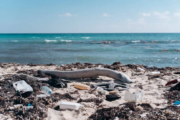 Basura Plástica Algas Playa Arena Del Caribe — Foto de Stock