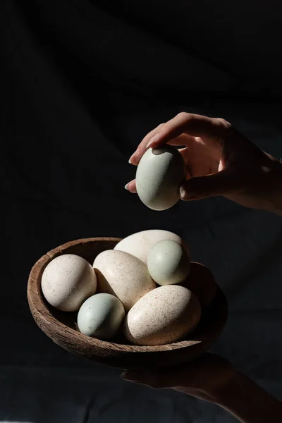 Araucana Yumurtaları Kaz Yumurtaları Dişi Ellerinde Ahşap Bir Tabakta — Stok fotoğraf