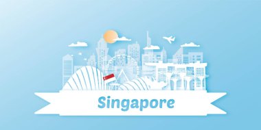 Singapur 'a seyahat kartı, poster, dünyaca ünlü kağıt kesim stili simgelerinin tanıtım turu. Vektör illüstrasyonları