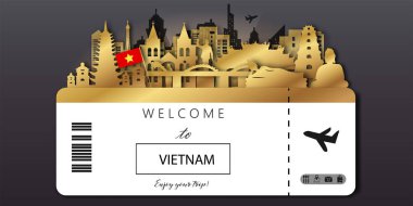 Altın Seyahat kartpostallı Vietnam, poster, kağıt kesim tarzında dünyaca ünlü simgelerin tanıtım turu. Vektör illüstrasyonları