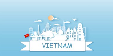 Vietnam Seyahat kartpostalı, poster, dünyaca ünlü kağıt kesim stili simgelerinin tanıtım turu. Vektör illüstrasyonları