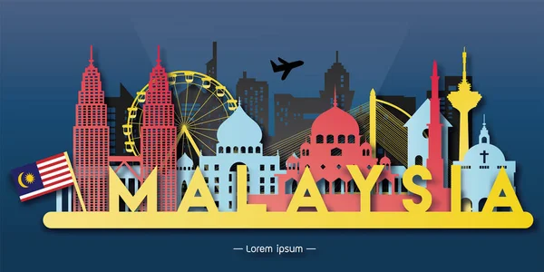 Malaysia Reisepostkartenpanorama Plakat Tourwerbung Für Weltberühmte Sehenswürdigkeiten Scherenschnitt Stil Vektoren — Stockvektor