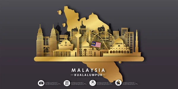 Malaysia Travel Postcard Panorama Poster Tour Advertising World Famous Landmarks — Stock Vector
