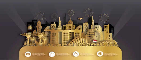 Singapur Cestovní Pohlednice Panorama Plakát Turistická Reklama Světově Proslulé Památky — Stockový vektor