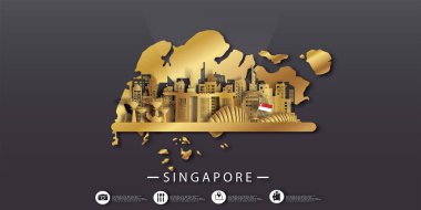 Singapur Seyahat kartpostal panoraması, poster, Singapur 'un dünyaca ünlü simgelerinin kağıt kesim tarzında tanıtımı. Vektör illüstrasyonları