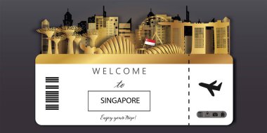 Singapur Seyahat kartpostal panoraması, poster, Singapur 'un dünyaca ünlü simgelerinin kağıt kesim tarzında tanıtımı. Vektör illüstrasyonları
