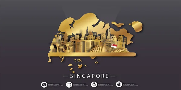 新加坡旅游明信片全景 旅游广告等世界著名的新加坡地标剪纸风格 矢量图解 — 图库矢量图片