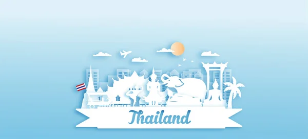 Thaiföld Utazási Képeslap Panoráma Plakát Világhírű Nevezetességek Idegenforgalmi Hirdetése Papírvágásos — Stock Vector