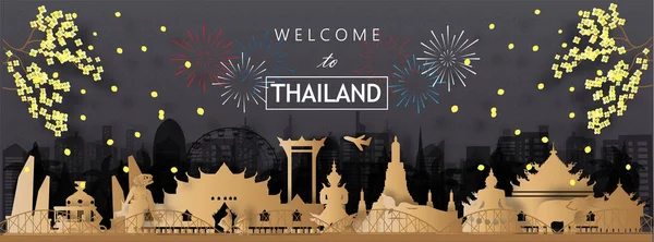 Ταϊλάνδη Travel Κάρτα Πανόραμα Αφίσα Περιοδεία Διαφήμιση Του Παγκοσμίου Φήμης — Διανυσματικό Αρχείο
