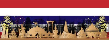 Tayland Seyahat kartpostal panoraması, poster, dünyaca ünlü kağıt kesim stili simgelerinin tanıtımı. Vektör illüstrasyonları