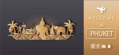 Phuket, Tayland Seyahat Kartpostalı Panorama, poster, Dünya 'nın ünlü simgelerinin kağıt kesim stili reklamları.