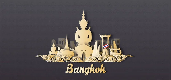 バンコク タイ旅行はがきパノラマ ポスター 紙カットスタイルで世界的に有名なランドマークのツアー広告 — ストックベクタ