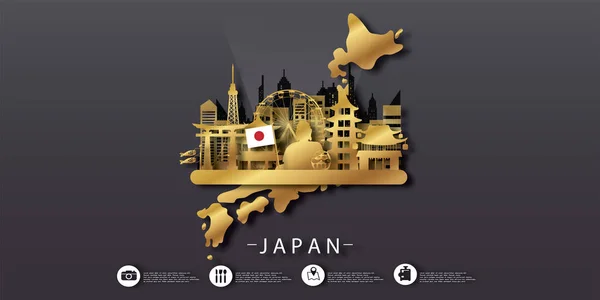 일본의 포스터 세계적으로 일본의 랜드마크를 종이로 — 스톡 벡터