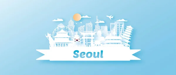 Seoul Südkorea Reise Postkarte Plakat Tour Werbung Von Weltberühmten Sehenswürdigkeiten — Stockvektor