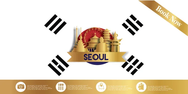 Séoul Corée Sud Carte Postale Voyage Affiche Publicité Touristique Monuments — Image vectorielle