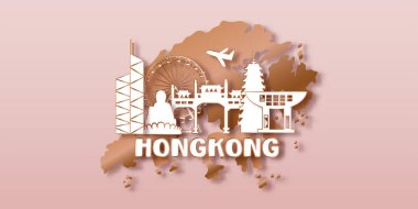 Hong Kong Seyahat kartpostalı, poster, kağıt kesim tarzında dünyaca ünlü simgelerin tanıtım turu. Vektör illüstrasyonları