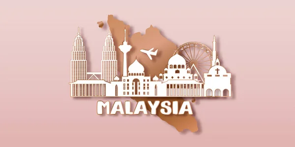 Malasia Tarjeta Postal Viaje Póster Tour Publicidad Monumentos Fama Mundial — Vector de stock