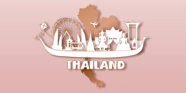 泰国与黄金旅游明信片 旅游广告世界著名的地标剪纸风格 — 图库矢量图片