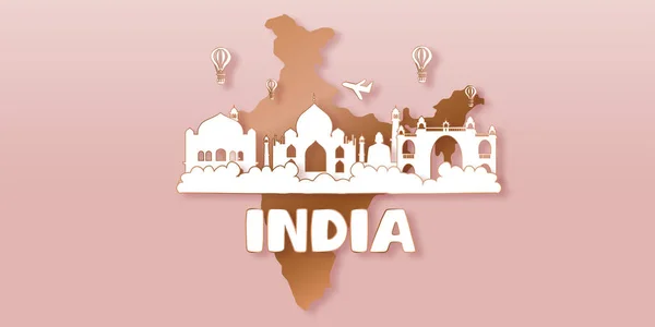印度旅游明信片 世界著名地标旅游广告剪纸风格 矢量图解 — 图库矢量图片