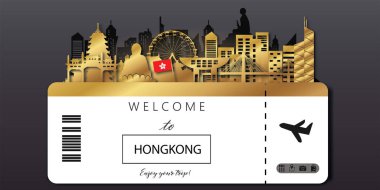 Hong Kong Seyahat kartpostalı, poster, kağıt kesim tarzında dünyaca ünlü simgelerin tanıtım turu. Vektör illüstrasyonları