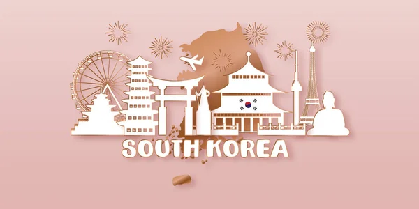 Corée Sud Avec Carte Postale Gold Travel Affiche Publicité Touristique — Image vectorielle