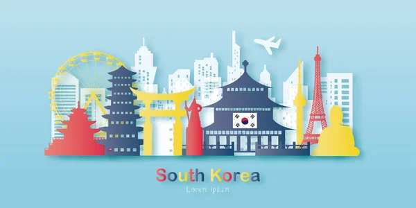 Südkorea Mit Goldener Reisepostkarte Plakat Reisewerbung Von Weltberühmten Sehenswürdigkeiten Scherenschnitt — Stockvektor