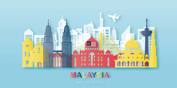 Malaysia Reisepostkarte Plakat Reisewerbung Für Weltberühmte Sehenswürdigkeiten Scherenschnitt Stil Vektoren — Stockvektor