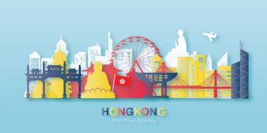 Hong Kong Seyahat kartpostalı, poster, kağıt kesim tarzında dünyaca ünlü simgelerin tanıtım turu. Vektör illüstrasyonları