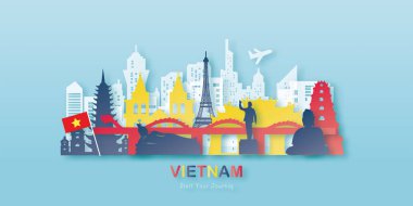 Altın Seyahat kartpostallı Vietnam, poster, kağıt kesim tarzında dünyaca ünlü simgelerin tanıtım turu. Vektör illüstrasyonları
