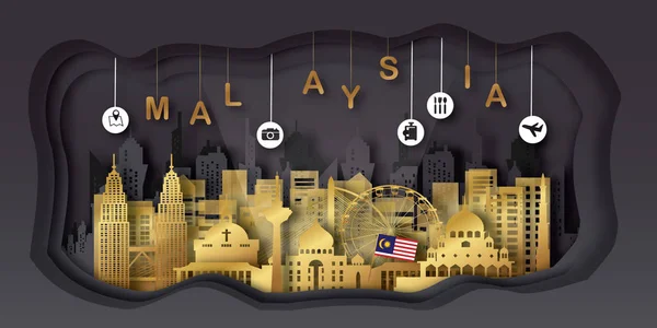 Malaysia Resor Vykort Affisch Turné Reklam För Världsberömda Landmärken Pappersurklipp — Stock vektor
