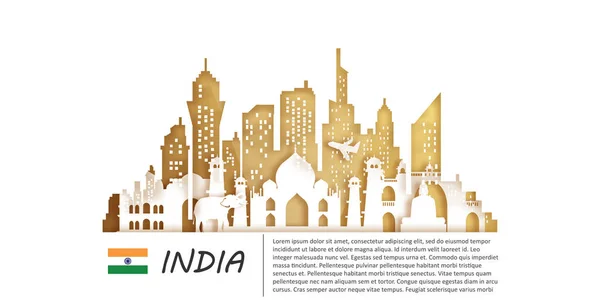 印度旅游明信片 世界著名地标旅游广告剪纸风格 矢量图解 — 图库矢量图片