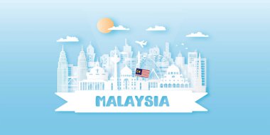 Malezya seyahat kartpostalı, poster, dünyaca ünlü kağıt kesim stili simgelerinin tanıtımı. Vektör illüstrasyonları