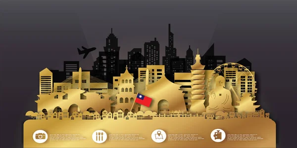 Cestovní Taiwanská Pohlednice Plakát Turistická Reklama Světově Proslulé Památky Papírovém — Stockový vektor