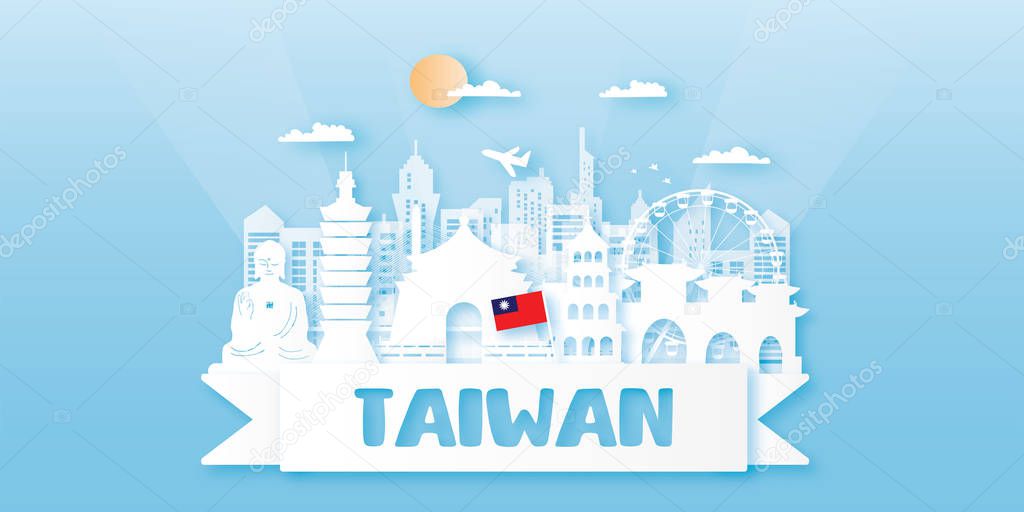 Travel Taiwan postcard, poster, tour advertising of world famous landmarks in paper cut style. Vectors illustrations