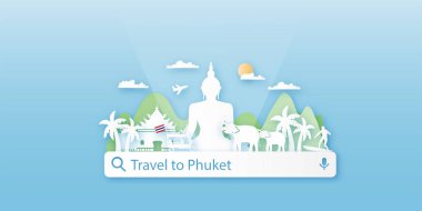 Seyahat Phuket Tayland kartpostalı, poster, kağıt kesim tarzında dünyaca ünlü simgelerin tanıtımı. Vektör illüstrasyonları
