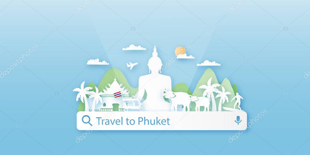 Travel Phuket Thailand postcard, poster, tour advertising of world famous landmarks in paper cut style. Vectors illustrations