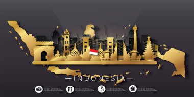 Seyahat Endonezya kartpostalı, poster, kağıt kesim tarzında dünyaca ünlü simgelerin tanıtımı. Vektör illüstrasyonları
