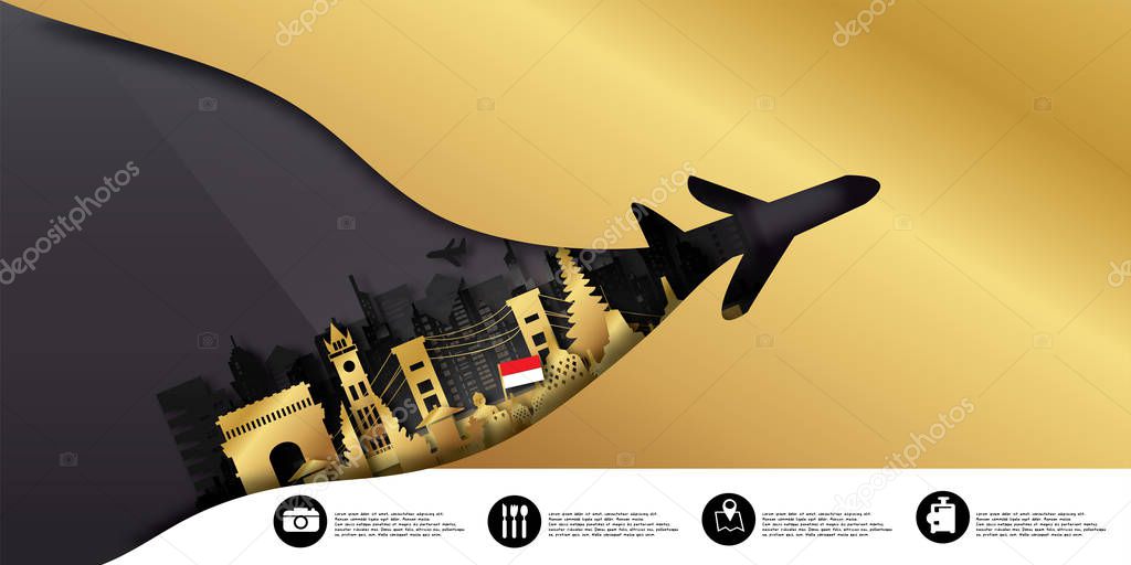 Travel Indonesia postcard, poster, tour advertising of world famous landmarks in paper cut style. Vectors illustrations