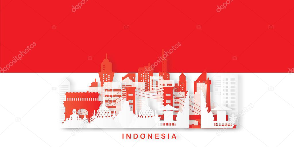 Travel Indonesia postcard, poster, tour advertising of world famous landmarks in paper cut style. Vectors illustrations