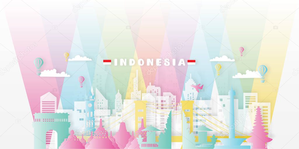 Travel Indonesia postcard, poster, tour advertising of world famous landmarks in paper cut style. Vectors illustrations