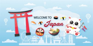 Japonya 'ya hoş geldiniz. Seyahat kartı, poster, dünyaca ünlü simgelerin tanıtım turu. Vektör illüstrasyonları