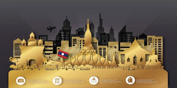 游览老挝全景明信片 世界著名地标旅游广告剪纸风格 矢量图解 — 图库矢量图片