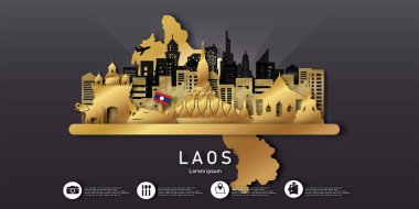 Seyahat Laos panorama kartpostal, poster, kağıt kesim tarzında dünyaca ünlü simgelerin tanıtımı. Vektör illüstrasyonları
