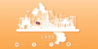 Seyahat Laos panorama kartpostal, poster, kağıt kesim tarzında dünyaca ünlü simgelerin tanıtımı. Vektör illüstrasyonları