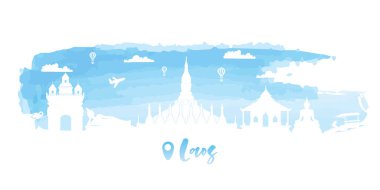 Seyahat Laos panorama kartpostal, poster, kağıt kesim tarzında dünyaca ünlü simgelerin tanıtımı. Vektör illüstrasyonları