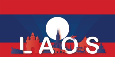 Seyahat Laos panorama kartpostal, poster, kağıt kesim tarzında dünyaca ünlü simgelerin tanıtımı. Vektör illüstrasyonları