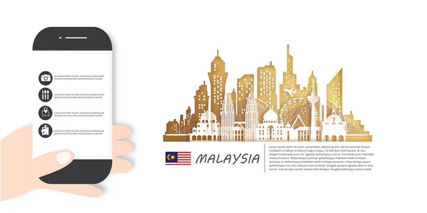 Malaysia Resor Vykort Affisch Turné Reklam För Världsberömda Landmärken Pappersurklipp — Stock vektor