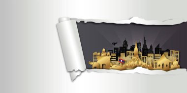 Seyahat Laos kartpostalı, poster, kağıt kesim tarzında dünyaca ünlü simgelerin tanıtım turu. Vektör illüstrasyonları